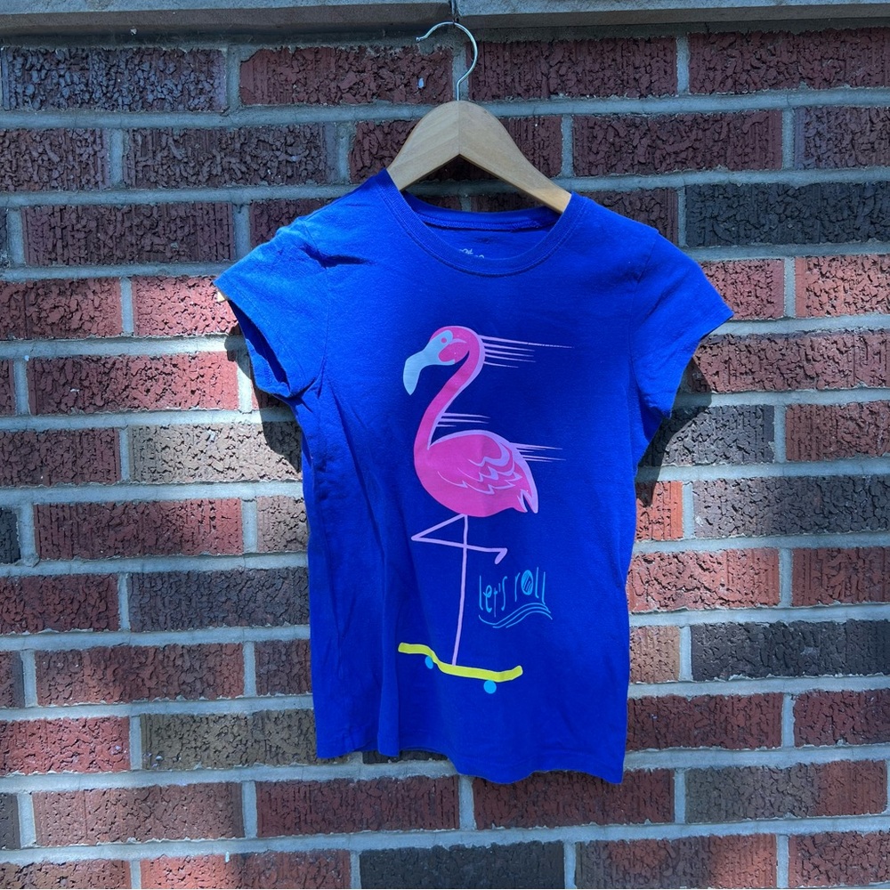 1989 Place Blue and Pink Flamingo Let’s Roll Short Sleeve Tee Shirt
